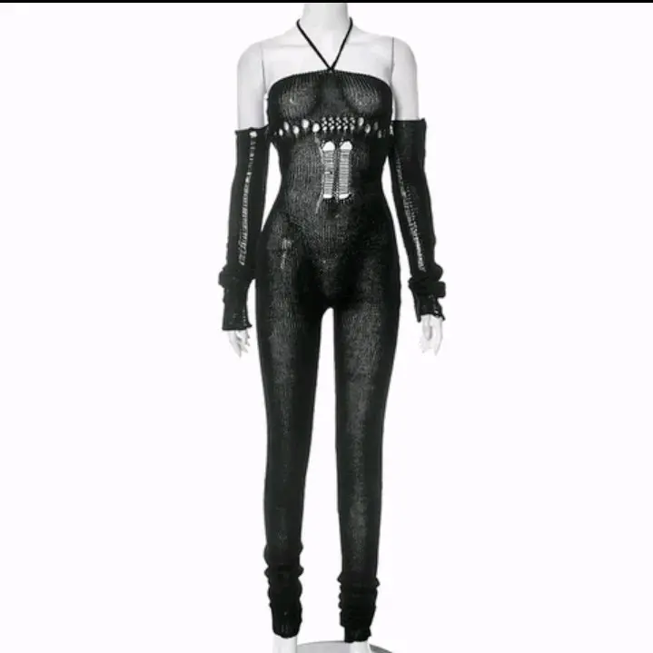 Women's Meshed Sweater Jumpsuit - Comfortable and Chic - Overalls, Womenswear