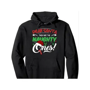 Dear Santa Naughty Ones Group Matching Christmas Hoodie - Cotton Blend Knit Fabric Long Sleeve Cartoon Pullover with Front Pouch Pocket, Machine Washable Menswear Sweatshirts Tops Biker