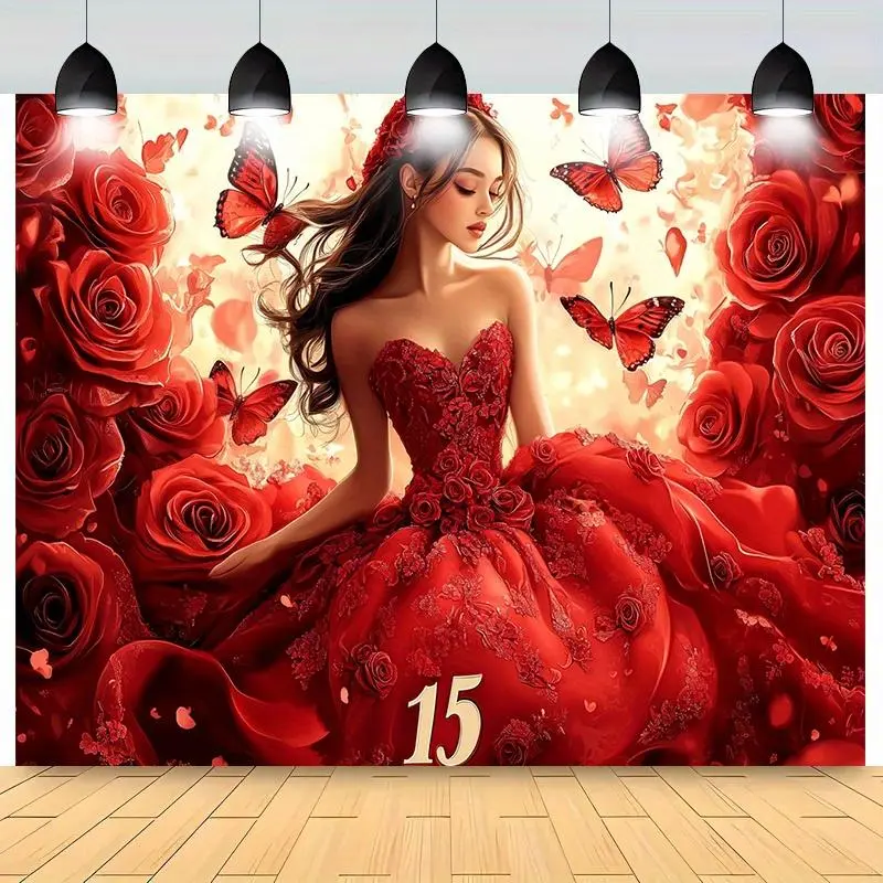 Elegant Floral Red Rose & Butterfly Print Modern Polyester Party Backdrop - Stain Resistant Textile Decor with Gown Illustration, Banners, Ornaments, No Power Needed, Ideal for Weddings, Special Events, Wedding