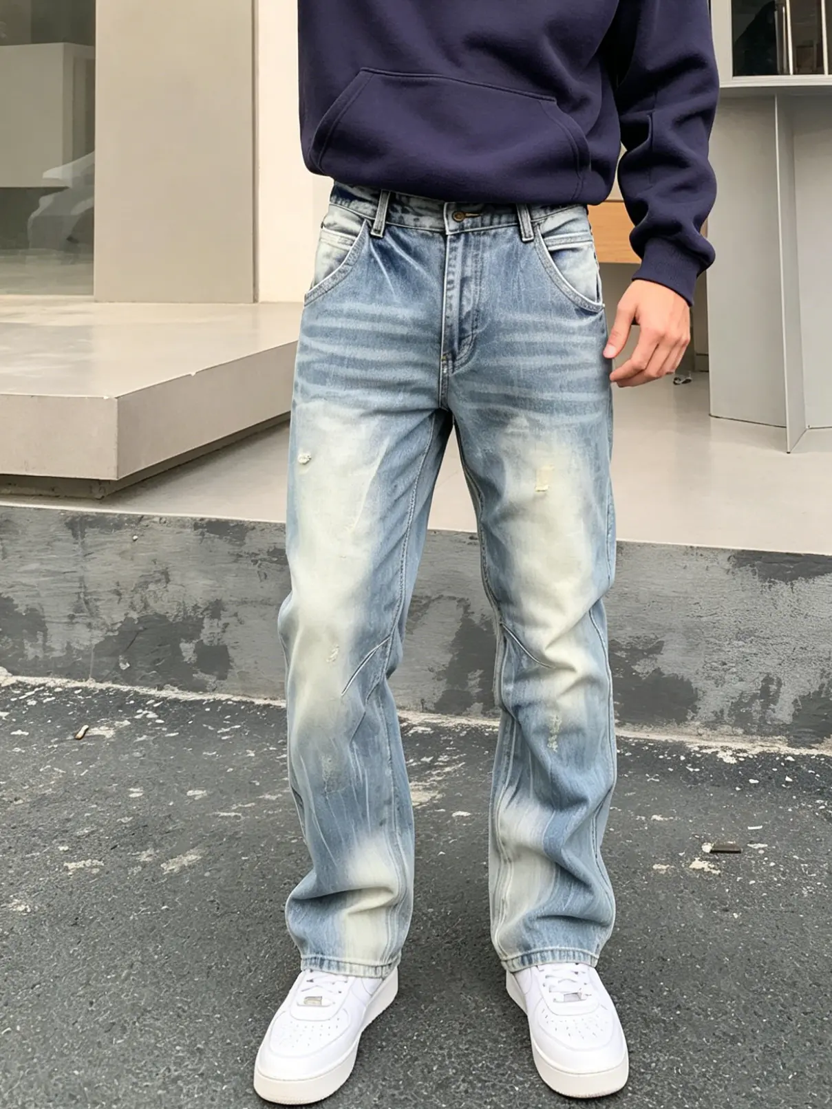 Men's Vintage Loose-Fitting Straight Leg Streetwear Jeans - Heavy Cotton Non-Stretch Heavyweight Bleached Denim, Casual Distressed Light Wash, Full Length, Whiskered Rips, H-Type, Machine Washable, All Seasons, Menswear, Multi-Size