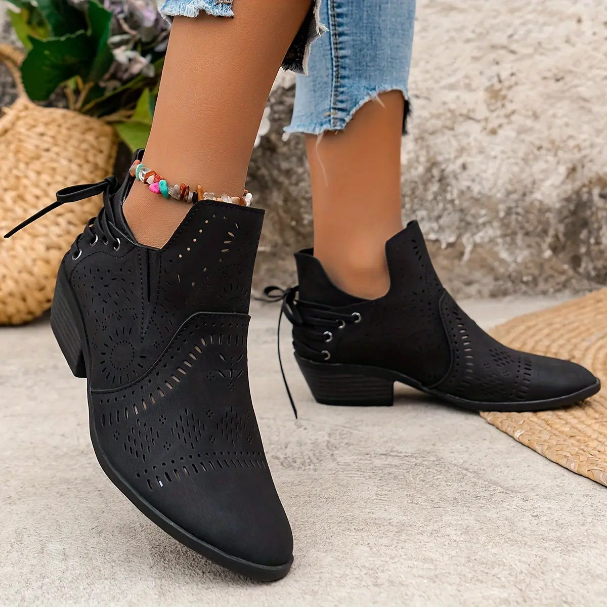 Women's Retro Brown Bohemian Sunflower Cutout Western Ankle Boots - Pointed Toe, Chunky Heel, Breathable, Back Strap Closure, Suede Upper, Rubber Sole, All Seasons