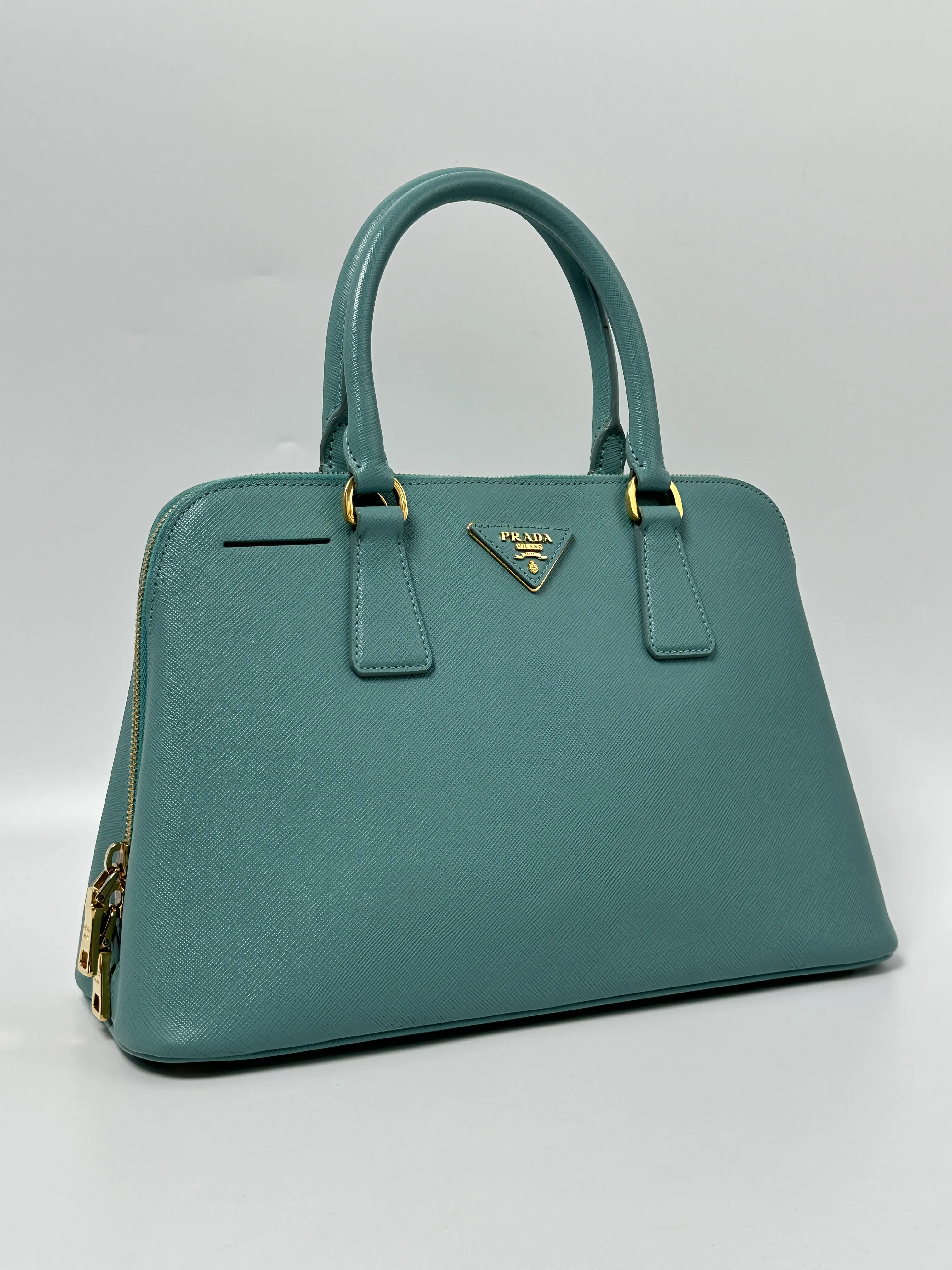 Pre-owned PRADA leather Top Handle Bags Turquoise Saffiano Lux Promenade Top Handle Bag JD913PR