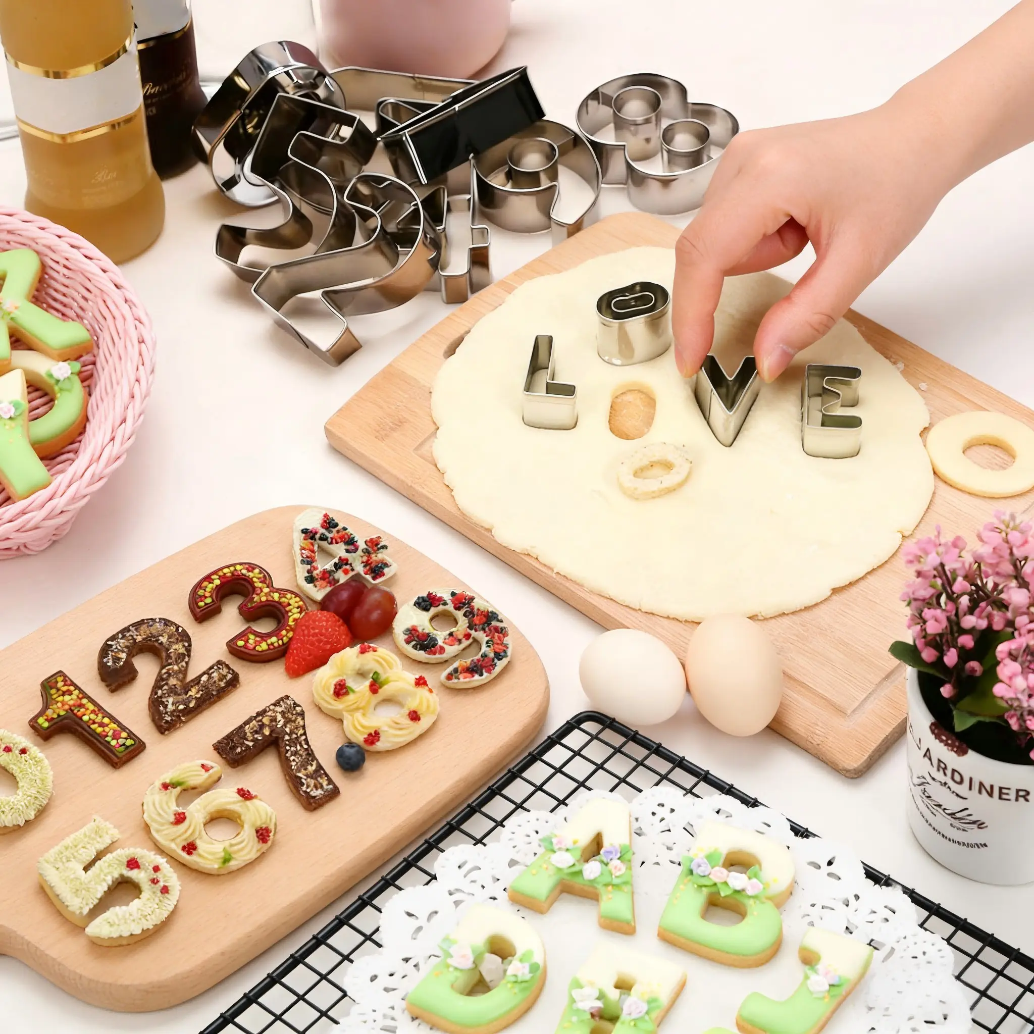 35pcs Alphabet Cookie Cutters Home 26-Pc Set & 1 Inch Stainless Steel Number Cutters (0–9) for Fondant, Biscuits, Fruit, Vegetables & Cake Decorating, Ideal for Valentine's Day and Birthday Party, Easy-to-Use Baking Tools, Kitchen Gadgets & Accessories