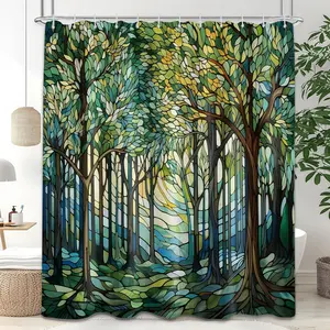 Green Forest Tree Stained Glass Shower Curtain, Polyester Waterproof Cloth Bathroom Accessory with Hooks for Bathroom Decor
