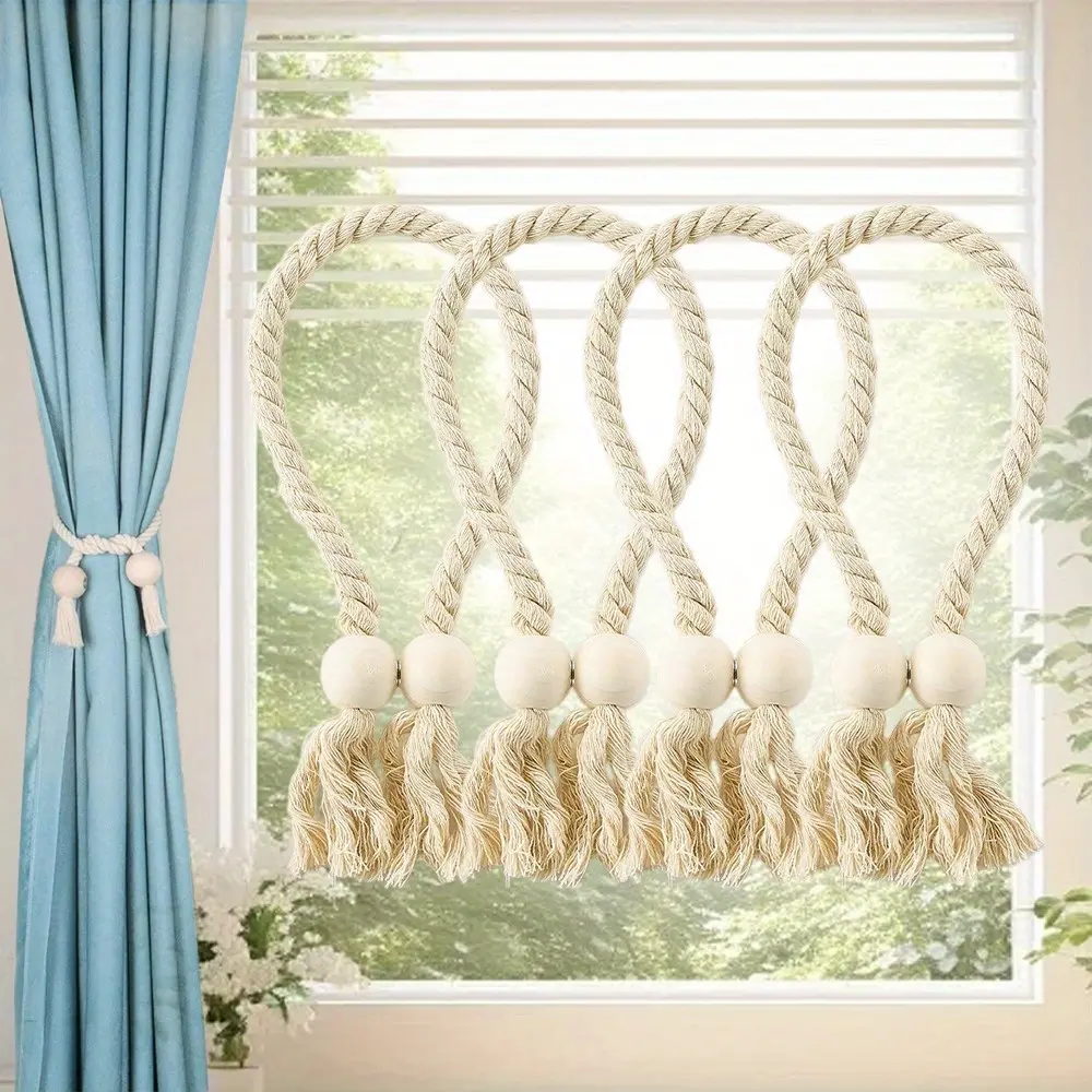 4-Pack Natural Sturdy Cotton Magnetic Curtain Tiebacks with Magnetic Hook, Braid-Like Rope Look, No-Tools-Required Holdbacks Resisting Daily Wear, Fits Small & Thin Curtains for Kitchen Window Decor