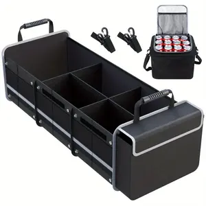 Foldable Car Trunk Organizer with Insulated and Leakproof Cooler Bag, 3-Compartment SUV Cargo Organizer, Removable Dividers, 5-in-1 Car Storage Organizer with Foldable Lid and 2 Tie-Down Straps