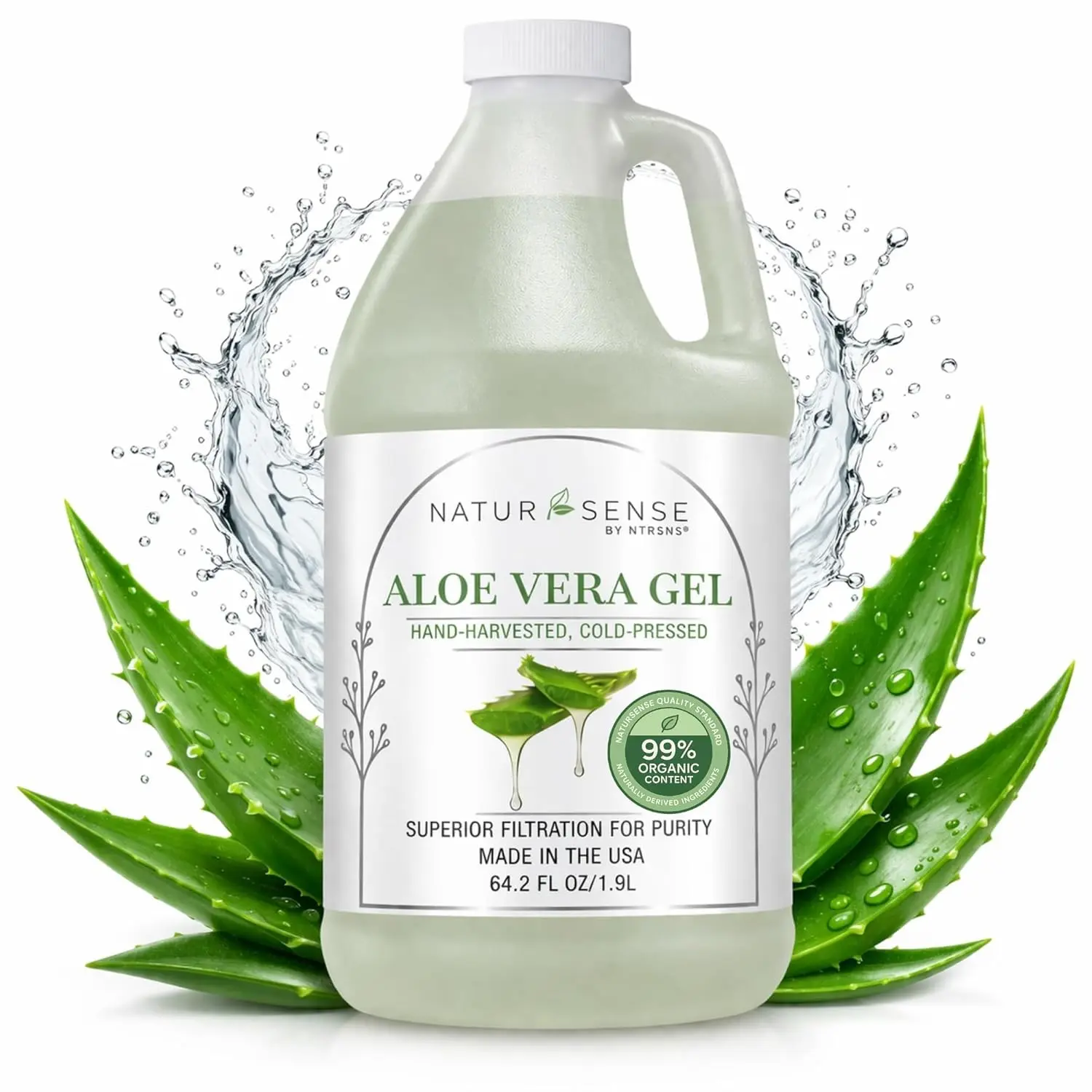 NaturSense 99% Organic Aloe Vera Gel 64.2 oz, Cold Pressed Pure Aloe for Face, Hair, Scalp, Sunburn, Dry Skin, Sensitive Skin, DIY Skincare, Unscented Refill Bottle. Made in USA