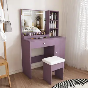 Purple Vanity Desk Set with Padded Stool & Adjustable LED/Bulbs Lighted Mirror (3 Color Modes), Modern Makeup Vanity Table Combo for Bedroom  Vanity Desk Withdrawers