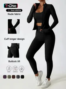 Women's High-Waist Zipper Long Sleeve Yoga Set, Yoga Clothes Set, Elastic and Comfortable, Casual Wear for Daily Use, Fitness Running and Cycling Sportswear, Gym Outfit, Spring Sportswear