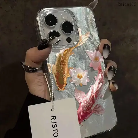 Koi & Lotus Decorative Cellphone Case - Durable TPU Soft Shell Smartphone Cover for iPhone 18 Pro Max,17 Air,16,16 Plus,15,14,13,12,11 Pro Max Handheld Devices Customized Accessory