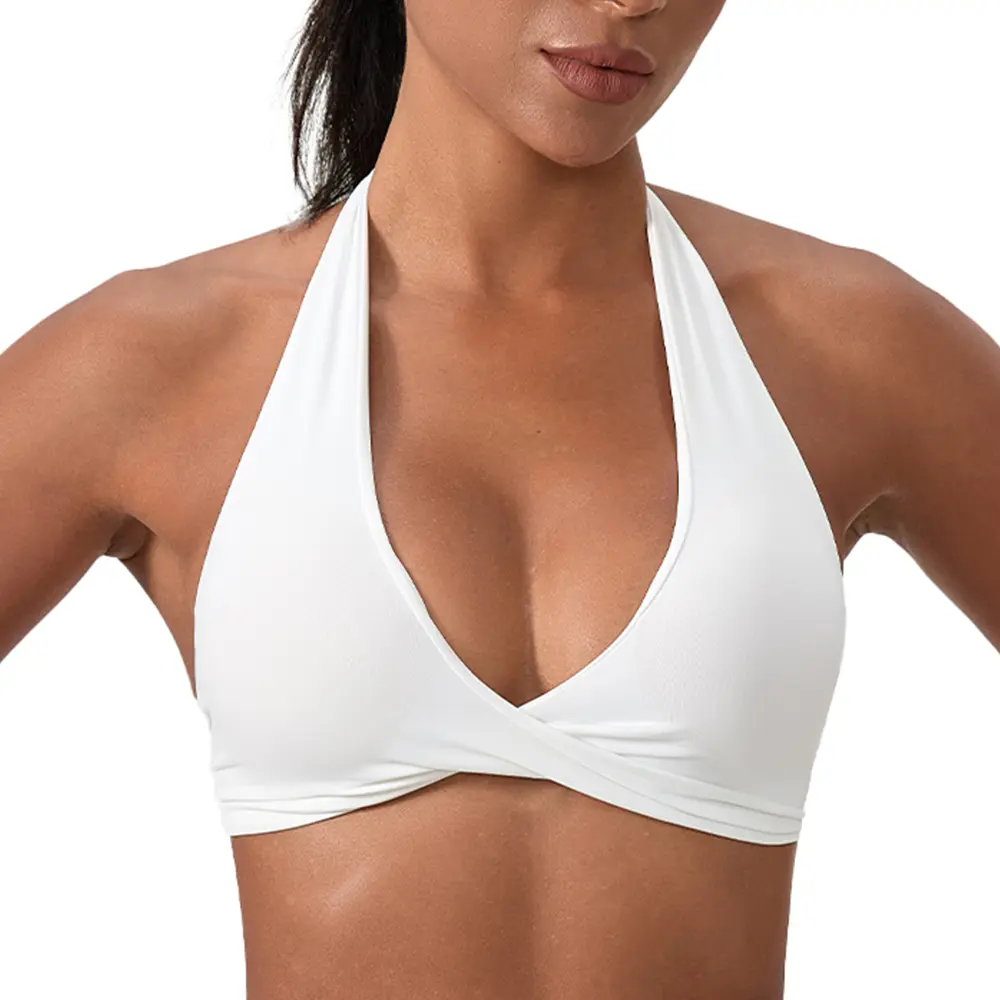 CICI FIVE Women Sports Bra Halter Wrap Front V Neck Sports Bra Straight Back Band Removable Padded Soft Stretchy Quick Dry Yoga Crop Top Low Cut Supportive Athletic Workout Gym Pilates Running Fitness Bralette