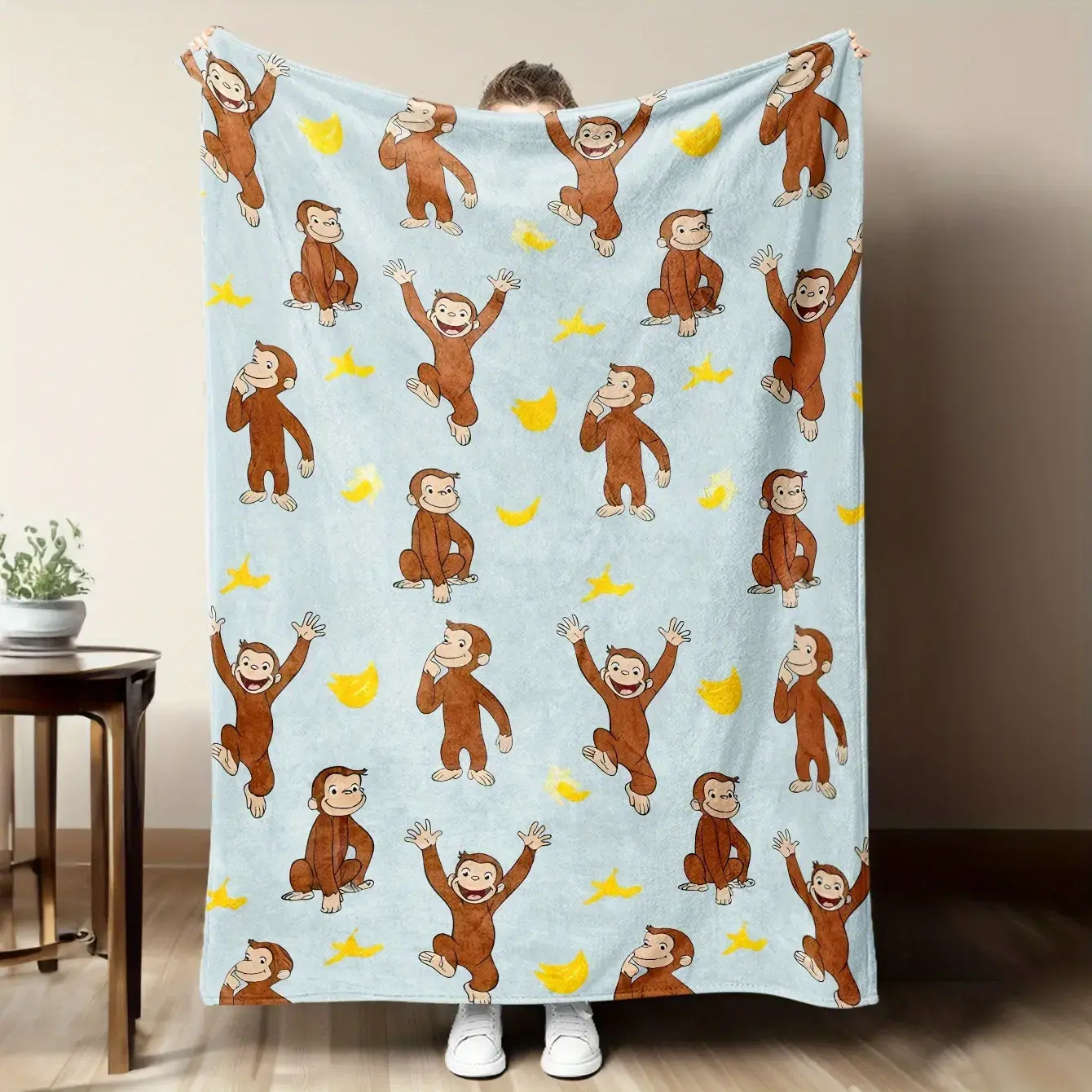 Soft Flannel Throw Blanket with Curious George Monkey & Banana Pattern Cozy Warm Light Blue Cartoon Design for Sofa Bed or Office Perfect Gift for Friends Family Cute Throw Blanket
