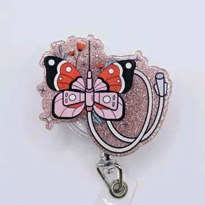 Medical Colorful Butterfly with Butterfly Needle Glitter Acrylic Retractable Badge ID Reel Belt or Alligator Clip Perfect for Phlebotomists and Nurses creative card nurse name