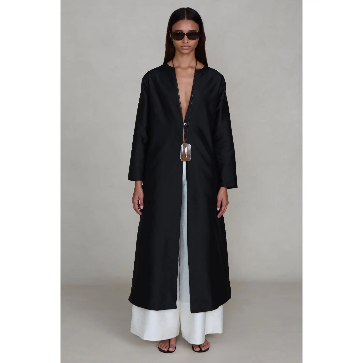 Techno Taffeta Collarless Coat Black