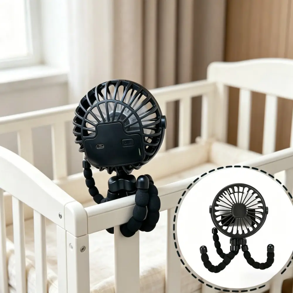 Portable Lightweight Stroller Fan with Flexible Octopus Legs, 360° Rotatable USB Rechargeable Clip-On Mini Fan for Baby, Car Seat, Crib (Camping & Hiking Essential), Lightweight Fan