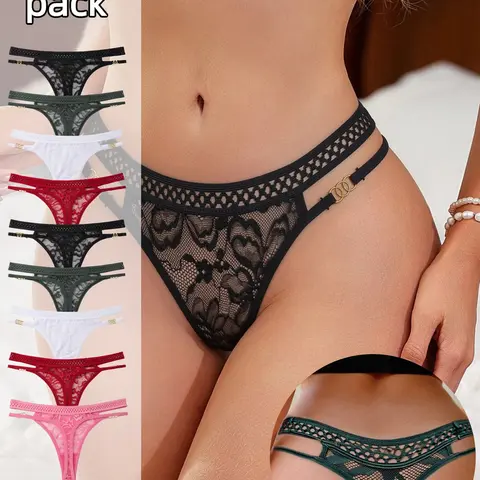 Lace Panty Set Sexy Women's Thong Panties, Low Waist Mesh Underwear with Metal Buckle, 9 Pcs Set, Suitable for All Seasons, Versatile Design
