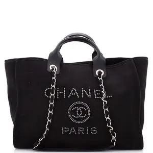 Pre-owned CHANEL Canvas Plain, Faux Pearl Tote Bags REBAG Deauville Tote Pearl Embellished Canvas Medium by Rebag