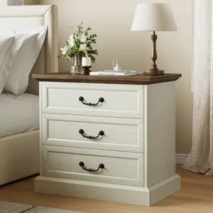Huuger Nightstand with Charging Station, 3 Drawer Night Stand, 22 Inch Wider Side Table with Storage, Farmhouse Nightstand with Vintage Handles, Thicken Base, for Bedroom