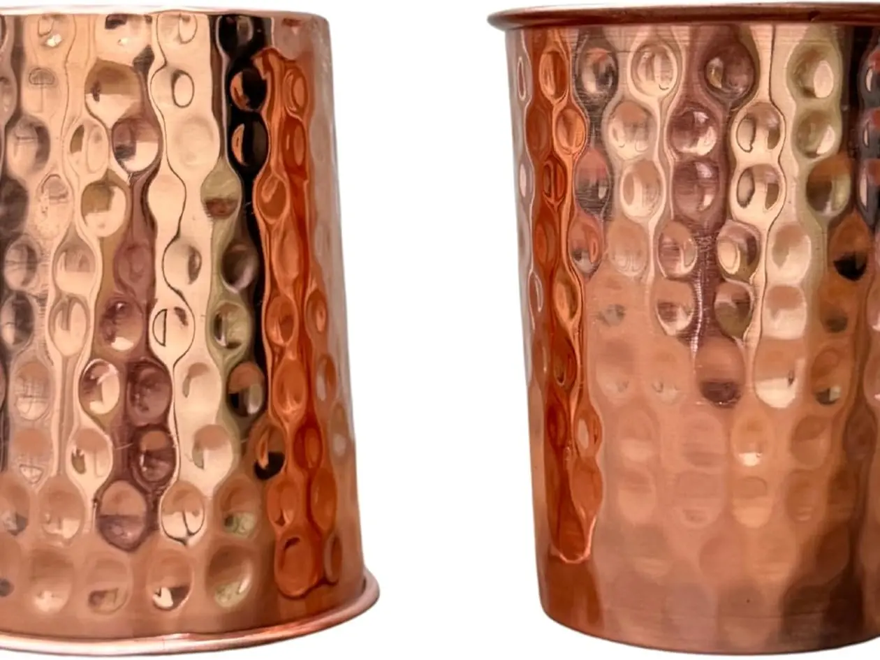 Set of 2 Hammered Pure Copper Cups for Drinking Water, Copper Tumblers Glasses, Ayurveda Uncoated Lacquer Free Copper Water Cup
