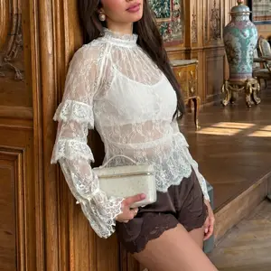 Woman's Lace Blouse   Long Sleeve High Neck Ruffle Sleeve Sexy Top Spring Summer Fashion Elegant Casual Women's Shirt Party Datewear