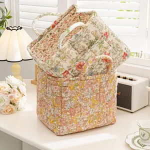 High-Quality Country Style Floral Space Saving Storage Carrying Bag, Home Portable Organizer Pouch, Decorative Fabric Bin for Living Room & Bedroom Use