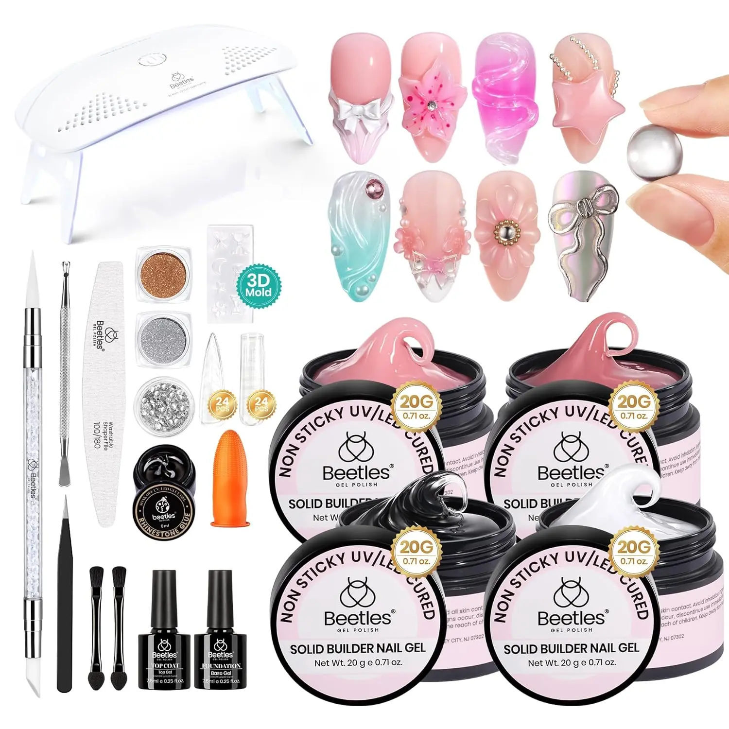 [Beetles] 5 in 1 3D Solid Builder Gel Kit Nail Art Kit - 20/30g Clear Sculpting Gel for 3D Nail Art, Nail Extensions & Charms, UV/LED Lamp Required Gift for Women