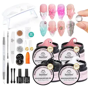 Beetles Solid Builder Gel Kit for Nails 4 Colors Clear Pink White 3D Sculpting Non-Sticky Hand Carving Nail Glue with 3D Mold Chrome Powder Tools UV&LED Needed