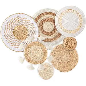 Boho Style Woven Wall Hanging Basket Set, 7 Counts/set Handmade Wall Hanging Decor, Tassel Fringe Decor, Wall Art for Home Living Room Bedroom Kitchen, Ornaments, Art Wall Decoration