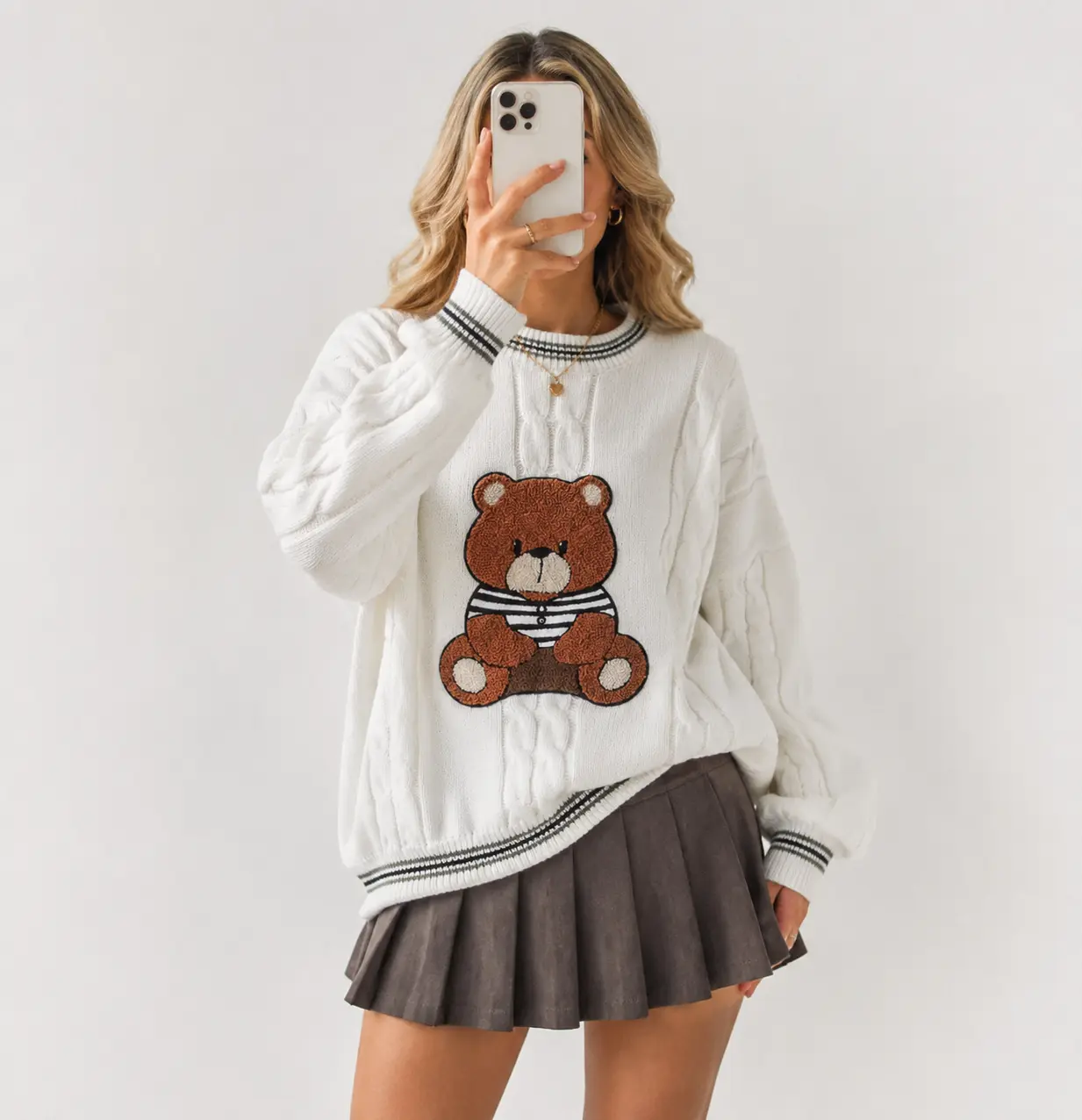 Women's Cute Brown Bear Cable Knit Sweater Preppy Striped Crewneck Pullover Top Y2K Soft Girl Kawaii Oversized Jumper Fall Winter Cozy Casual Long Sleeve Knitwear Korean Trendy Aesthetic Vintage Indie Streetwear