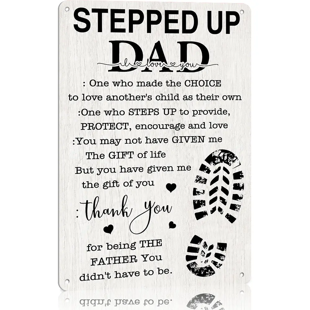 8x12 in Aluminium Metal Stepped Up Dad Sign - Retro Home Decor Plaque, Novelty Wall Art Gift for Stepfathers on Father's Day, Birthday