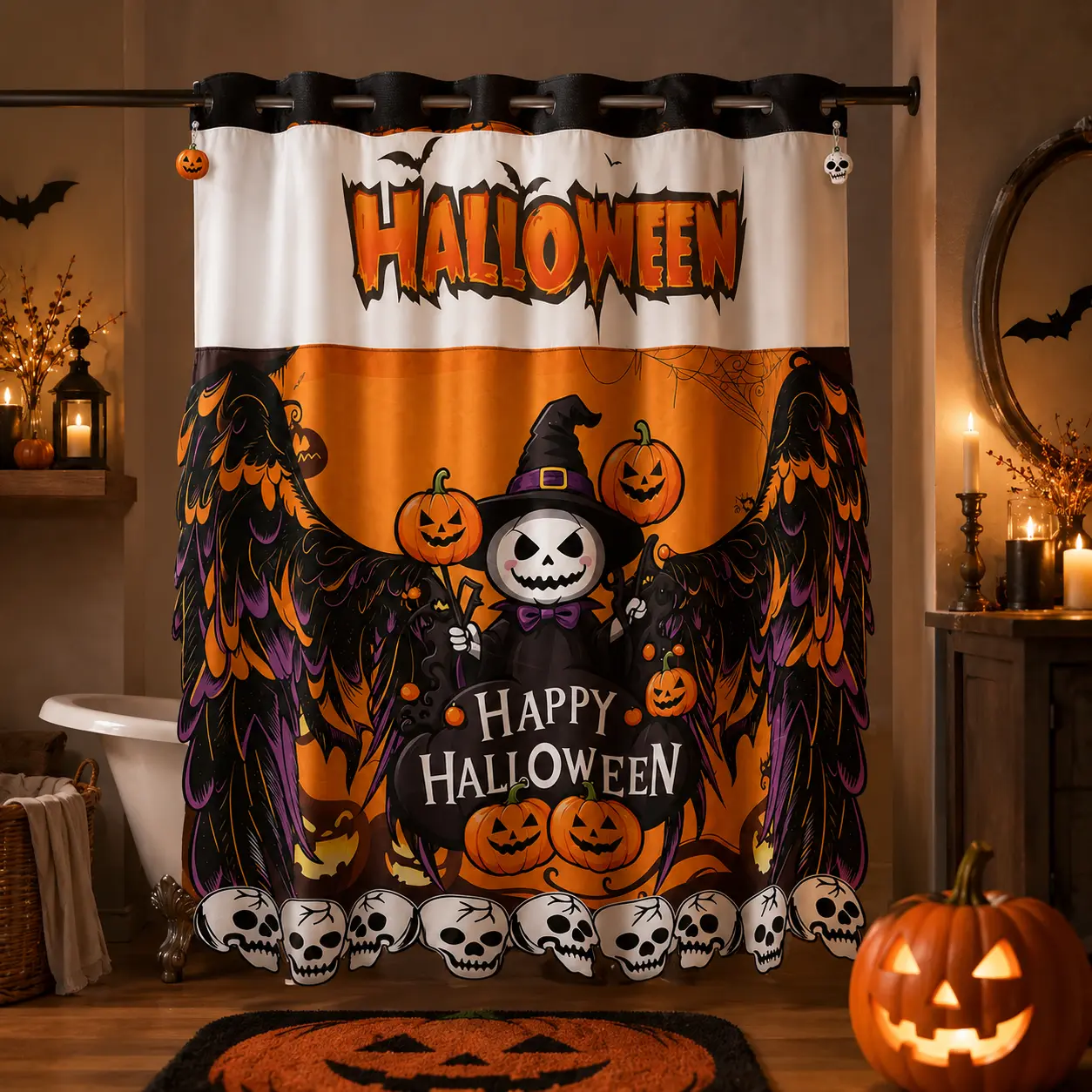 Halloween No Hook Shower Curtain, Spooky 2-Layer Bathroom Curtain with Detachable Liner, Large Openings, Skull Border, Bat Wing Edge & Cute Pumpkin Charms