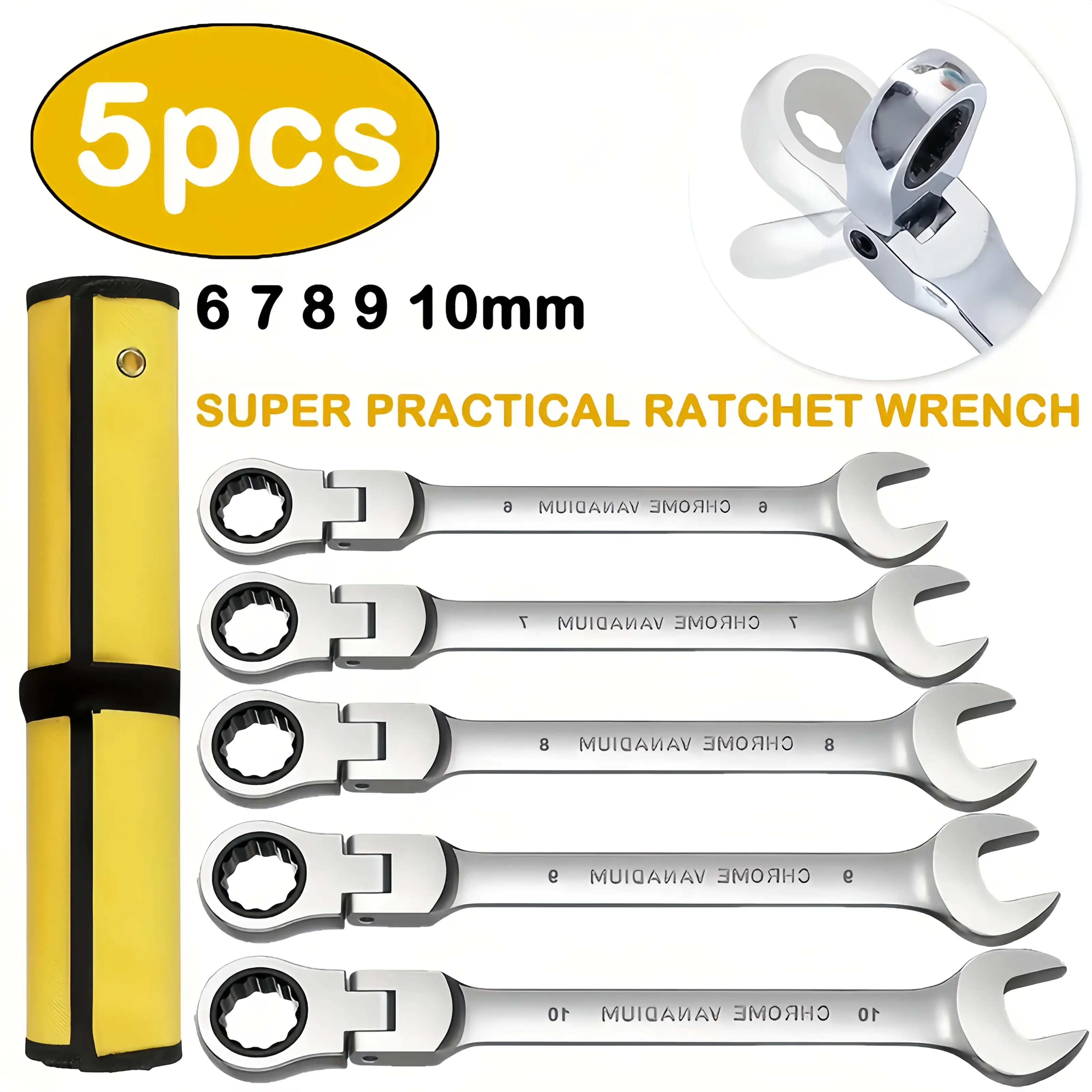 NANWEI 5pcs Double-Head Flexible Ratchet Wrench Tool Set, Double-Head Quick Wrench Set, Metric, 6-10Mm, 72-Tooth, Cr-V Ratchet Wrench Set with Storage Bag, Suitable for Home, Car, Machinery, Etc., A Good Choice for Daily Use And Gifting