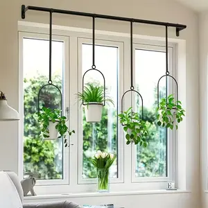1set Metal Adjustable Hanging Planters, Floating Plant Hangers, with 4 Plastic Pots, Rail for Indoor Window & Ceiling Herb Garden, Wall Plant Hanger with Nylon Cords, 11.8"-18.1" Expandable Cabinet Drawers for Pot and Pan, Slide Out Storage Rack, Black