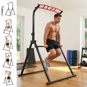 Foldable Free Standing Power Tower Pull Up Bar, Adjustable Height Multi-Function Dip Station, Home Gym Strength Training Fitness Equipment with 500LBS Weight Capacity for Men Women