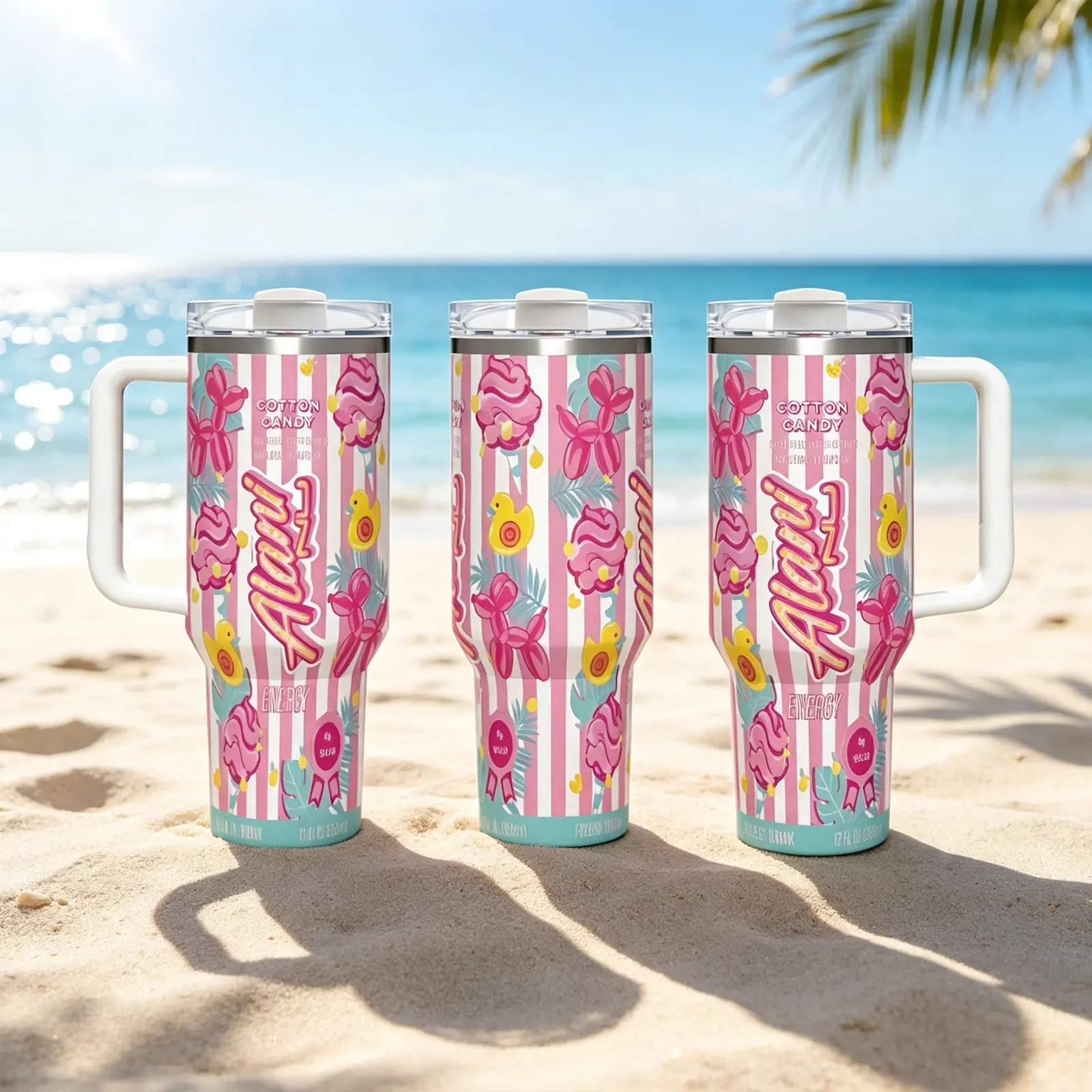 40oz Stylish Cotton Candy Print Stainless Steel Tumbler - Leakproof Travel Mug with Handle, Straw, Pastel Pink-Blue Design, Car Cup Holder-Fit Kitchen Drinkware Water Bottle