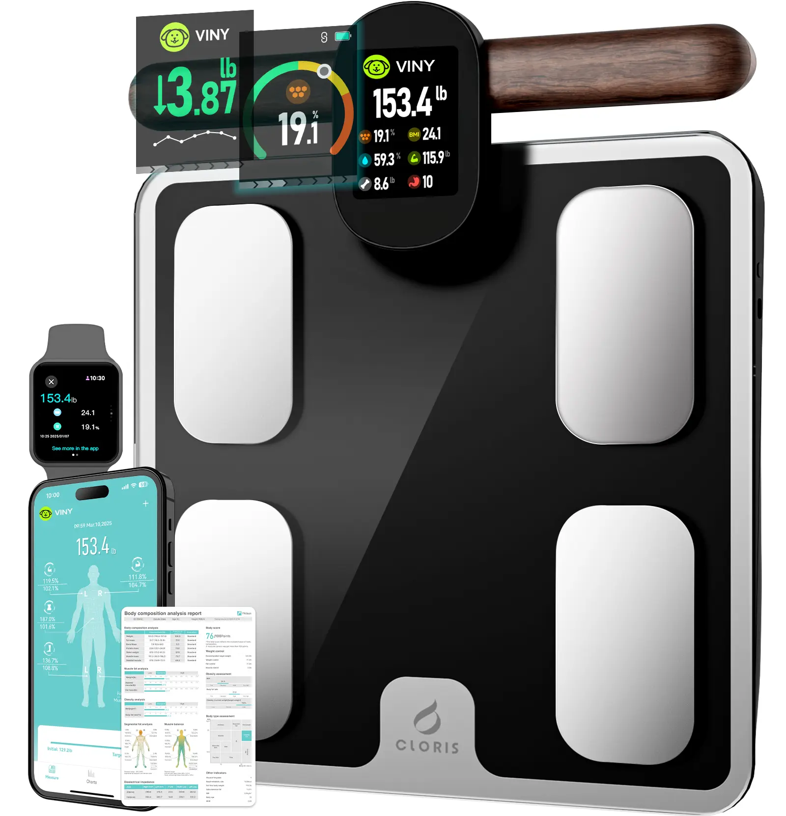 CLORIS Electronic Rectangle Body Scale - Tempered Glass Pad, 8 Electrodes, Bluetooth App Connectivity, Full-Color TFT LCD Display, Dual-Frequency Currents, 28 Body Composition Measurements, High-Precision Automatic Family Health Analyzer