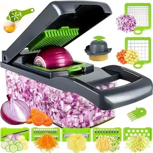 Multifunctional Vegetable Chopper, Vegetable Cutter, Fruit Slicer, Handle Food Grinder, Onion Mincer, Potato Shredder with Replaceable Blades, Cleaning Brush and Container