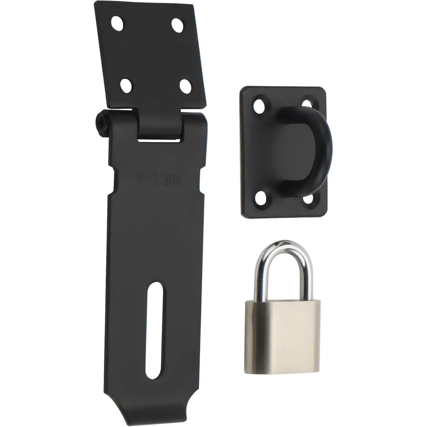 Door Lock Hasp Latch with Padlock,4 Inch SUS 304 Stainless Steel Safety Packlock Clasp Hasp Lock Latch,with Fixing Screw for External Doors Window Cabinet Pet Cage, Black,MST009-B