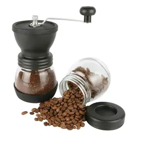 4-Piece Mini Manual Coffee Grinder Set with Conical Ceramic Burrs, Manual Adjustable Coarseness, Includes Two Glass Jars, Cleaning Brush, and Measuring Spoon