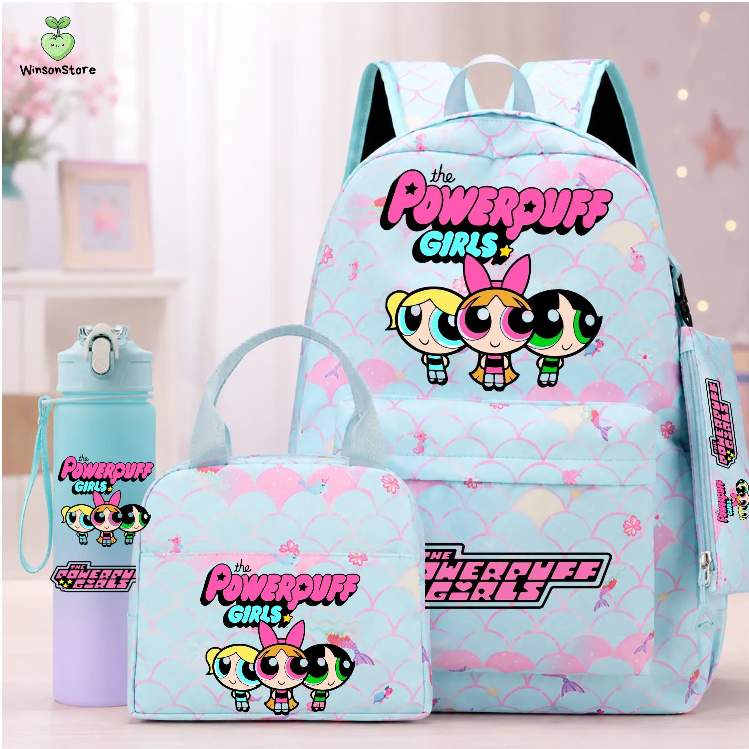 Powerpuff Girls 4PCS Backpack Set – School Bag, Lunch Bag, Pencil Case & Water Bottle