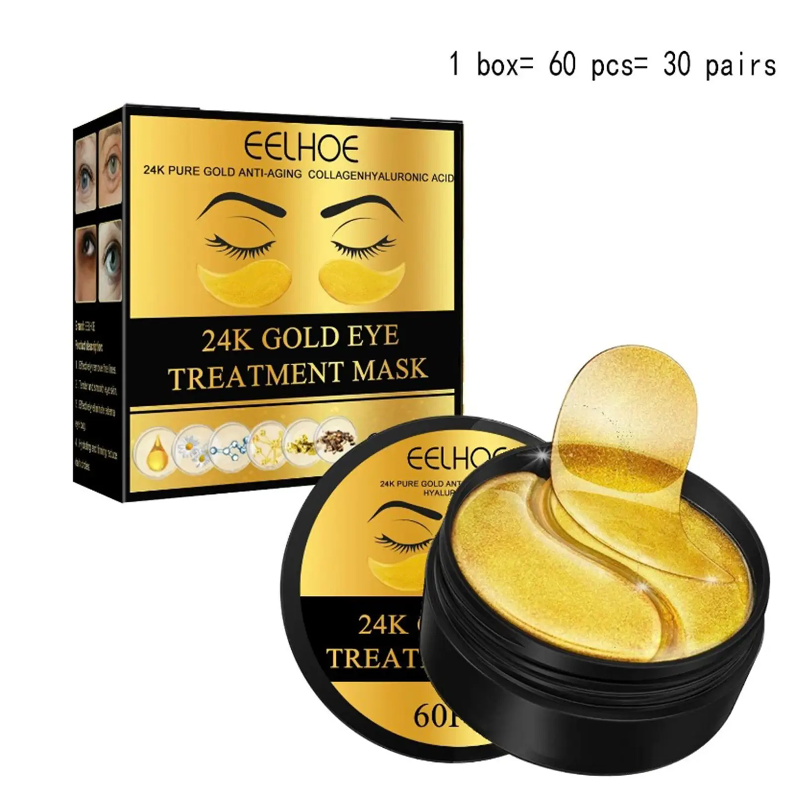 60Pcs 24K Gold Eye Mask, Anti-Wrinkle Hydrating Firming Under Eye Patches, Brightening Lifting Eye Skin Care