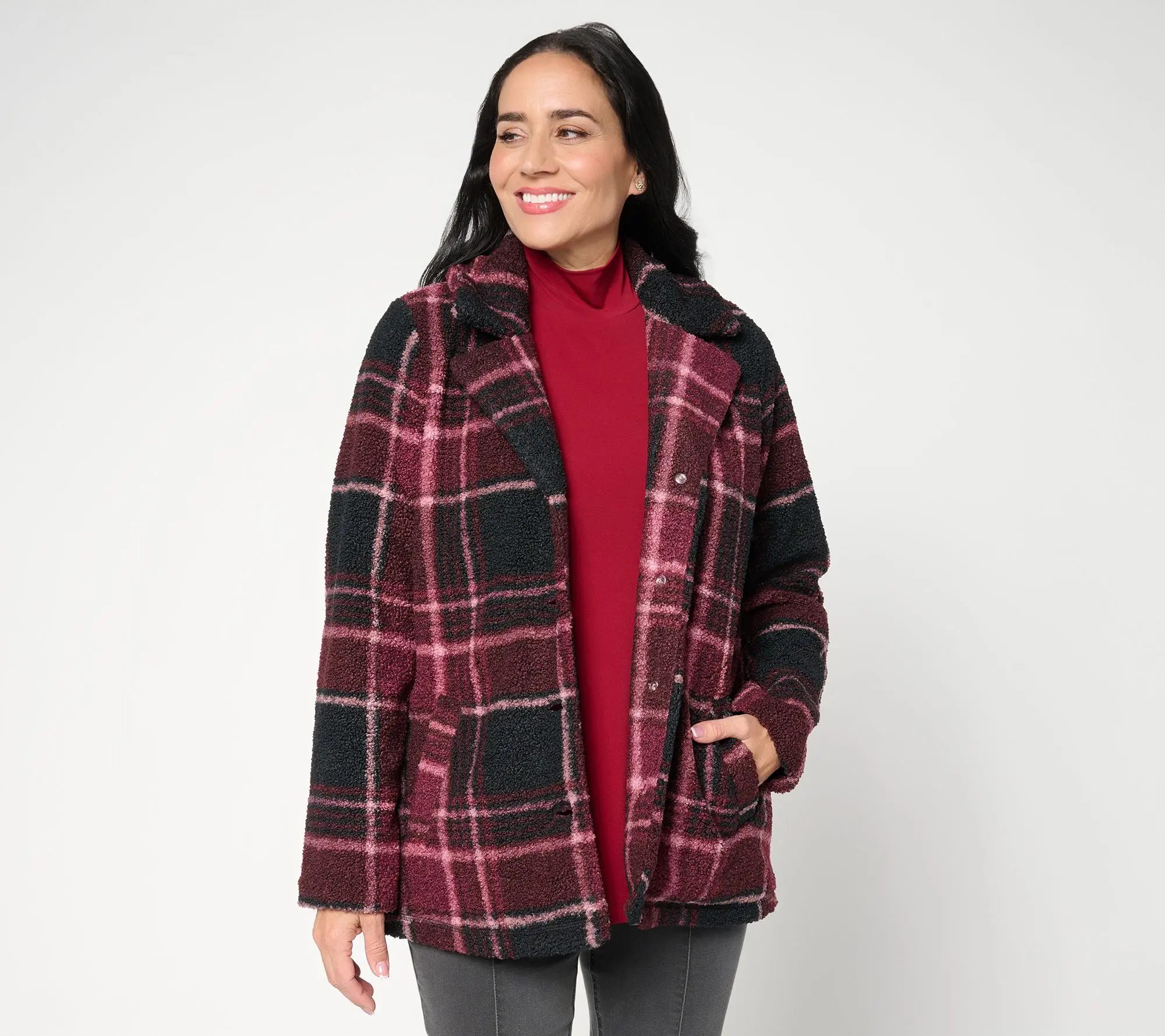 Joan Rivers Petite Button Plaid Sherpa Jacket