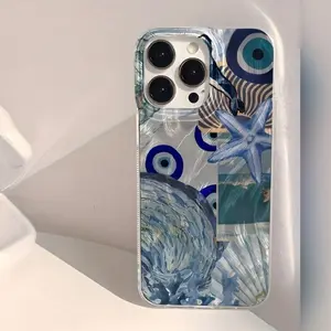 Tpu+PET Feather Texture Phone Case for iPhone 11-17 Pro Max/Pro/Plus/Air – Ocean Shell & Starfish Print, Airbag Shockproof Cover, Cute Nautical Style Protection Protective