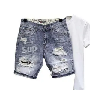 Men's Ripped Denim Shorts for Summer - Personality print versatile cropped pants in cotton fabric, casual street style ee blue Korean Loose Original Streetwear DesignGift
