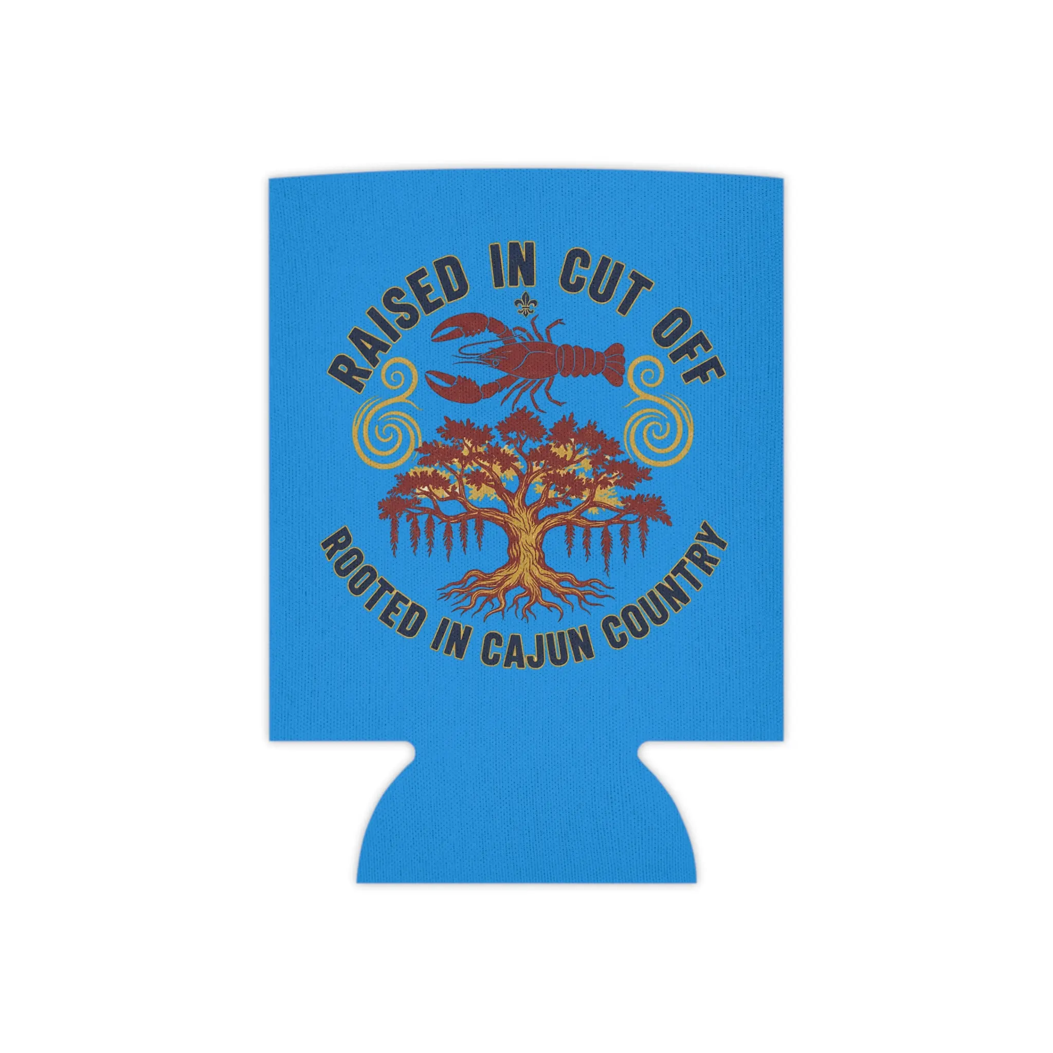 Cajun Theme Lightweight Can Cooler - Raised in Cut Off, Rooted in Cajun Country, Louisiana Crawfish Design - Ideal for Boat, Picnic Basket, Bayou Use