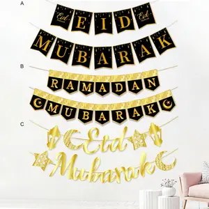 1set Black Gold Ramadan Eid Mubarak Banner Party Decorations Banners for Festival Party Garland Ramadan Kareem Eid Al-fitr Supplies Backdrop Banner
