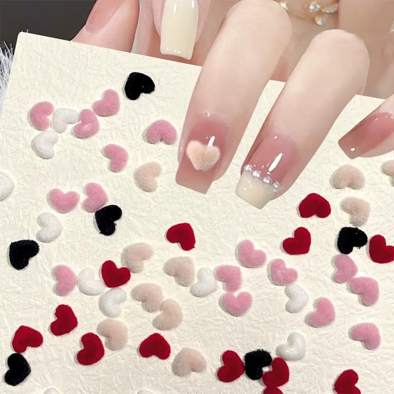 50 Pcs 3D Flocked Heart Nail Charms, Mixed Color Velvet Heart Nail Gems, Cute Sweet Nail Art Decor for Valentine's Day DIY Manicure