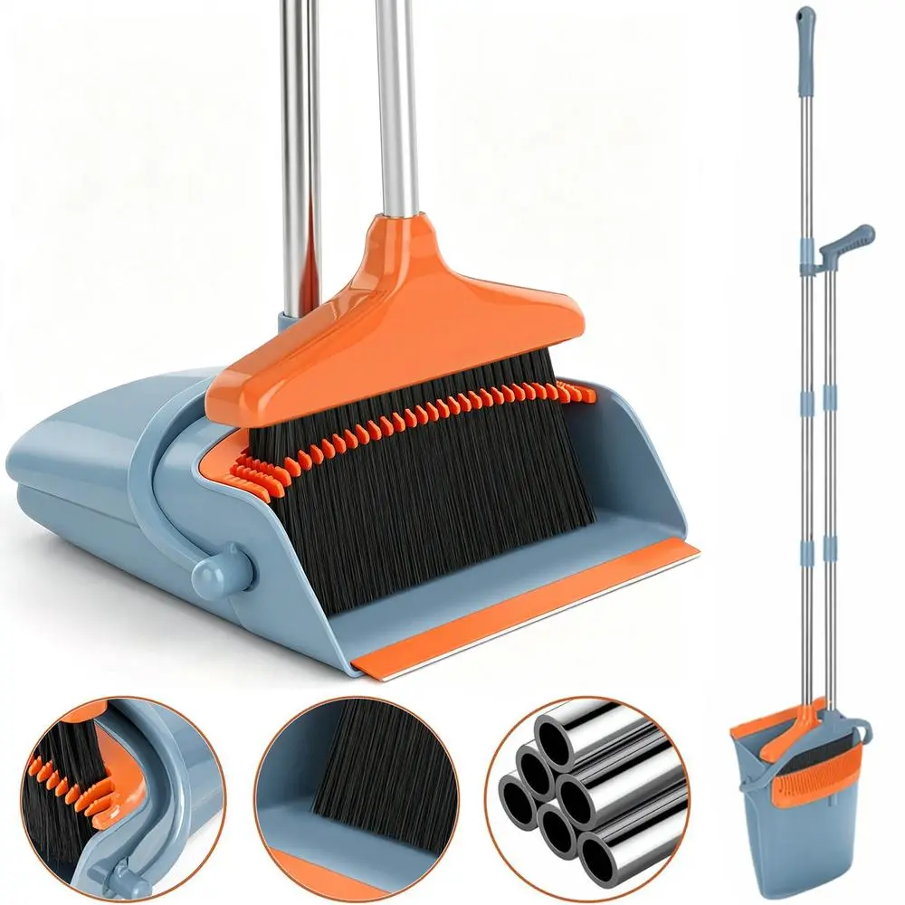 Broom and Dustpan Set Simple Operation Beginner Friendly Household Sweeping Set Suitable New Home Rental Apartment Indoor Regular Clean Gray & Orange