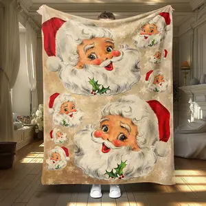 Cartoon Santa Claus Pattern Blanket, 1 Count Soft Air-Conditioned Room Throw, Warm Nap Blanket For Home Office Travel Camping