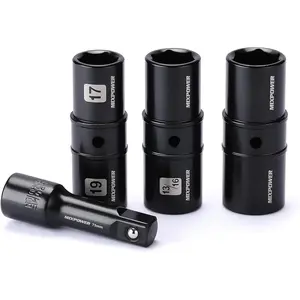 4Pc 1/2" Drive Flip Lug Nut Socket Set – 17mm, 19mm, 21mm, 3/4", 13/16", 7/8" SAE & Metric Sizes, CR-MO, 6PT Thin Wall Tire Impact Sockets